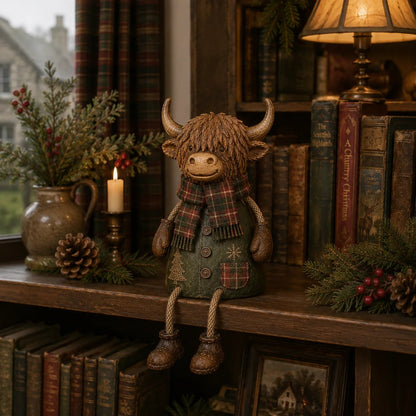 Festliche Hochlandkuh-Regalfigur – Rustikale Weihnachtsdekoration für Zuhause
