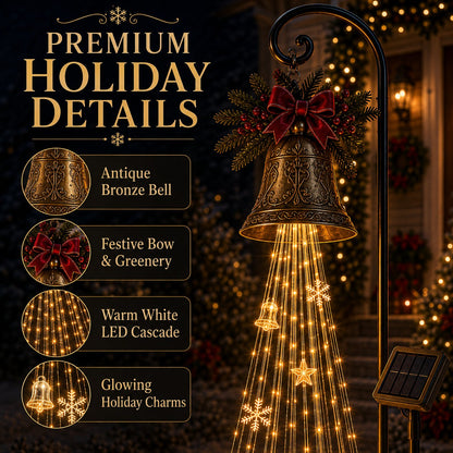 🔔 Christmas Bell Cascade Solar Yard Light — A Golden Waterfall of Light Pouring from a Vintage Bell | Solar-Powered, Zero Wiring, Auto Dusk-to-Dawn Glow | Star & Snowflake Cascade for Walkway, Porch & Garden
