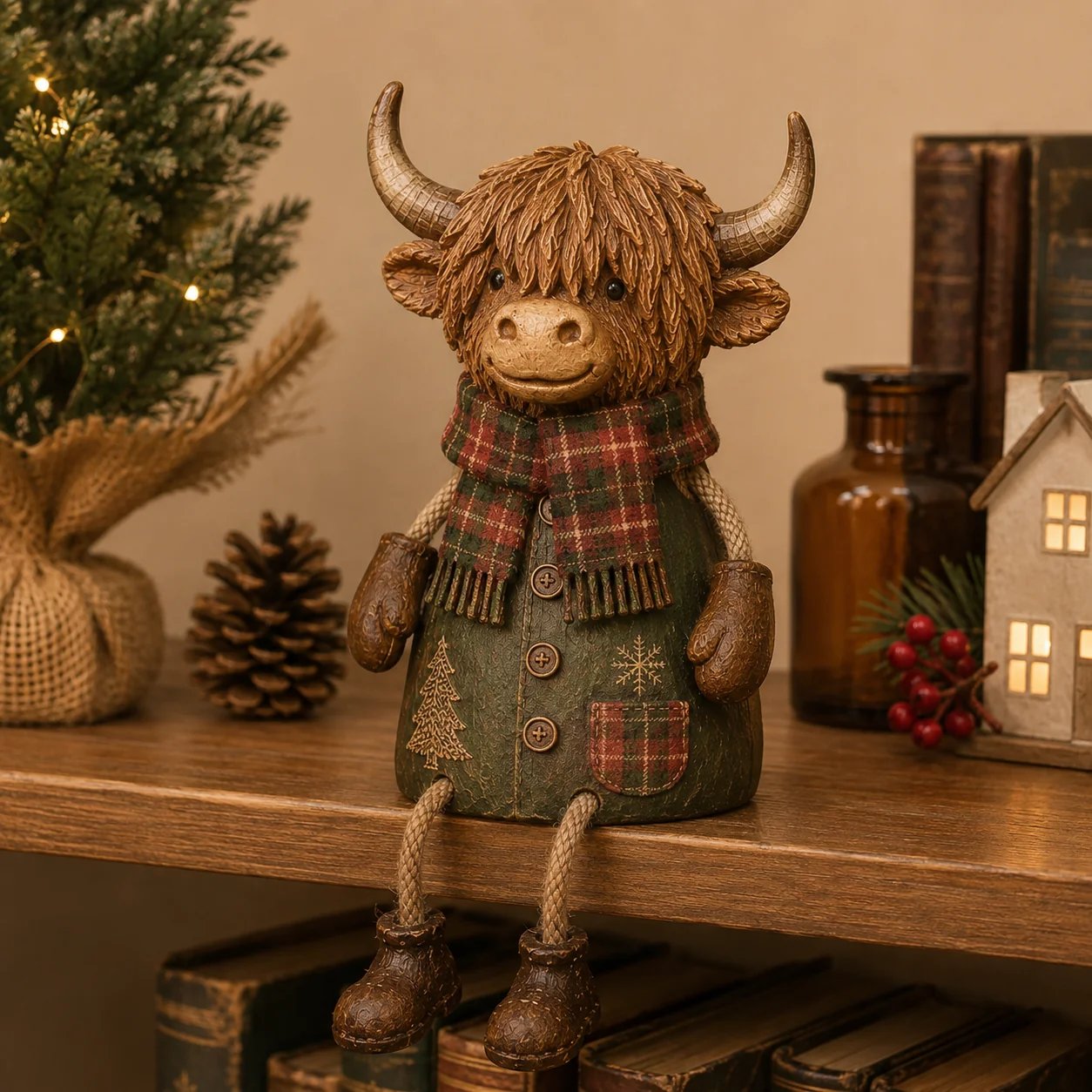 Festliche Hochlandkuh-Regalfigur – Rustikale Weihnachtsdekoration für Zuhause