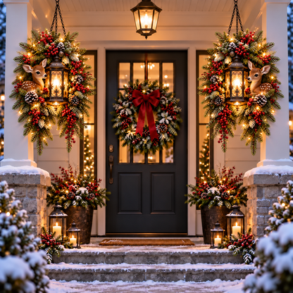 🔥 LAST DAY 50% OFF 🔥|🎄 Christmas Porch Glow™ – Pre-Lit Holiday Lantern & Evergreen Decor | 6 Festive Styles