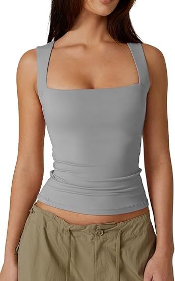 💥Women's Square Neck Sleeveless Double-Layer Tank Tops Basic Tight T Shirts short