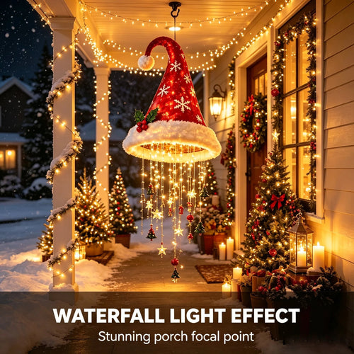 🎅✨Light‐Up Santa Hat Hanging Chandelier, Plush Christmas Pendant Light with Hanging Ornaments, Indoor & Covered Porch Holiday Decoration