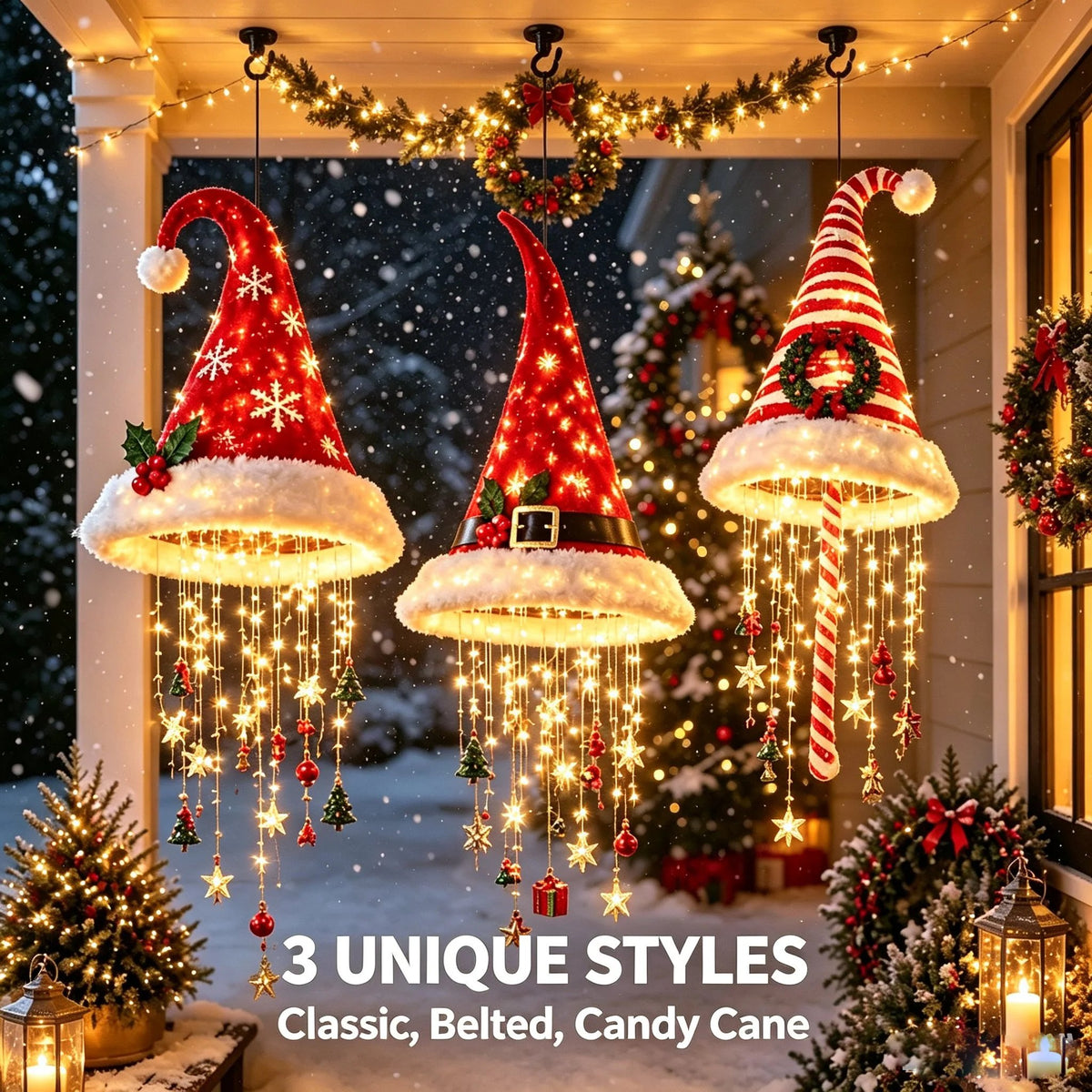 🎅✨Light‐Up Santa Hat Hanging Chandelier, Plush Christmas Pendant Light with Hanging Ornaments, Indoor & Covered Porch Holiday Decoration