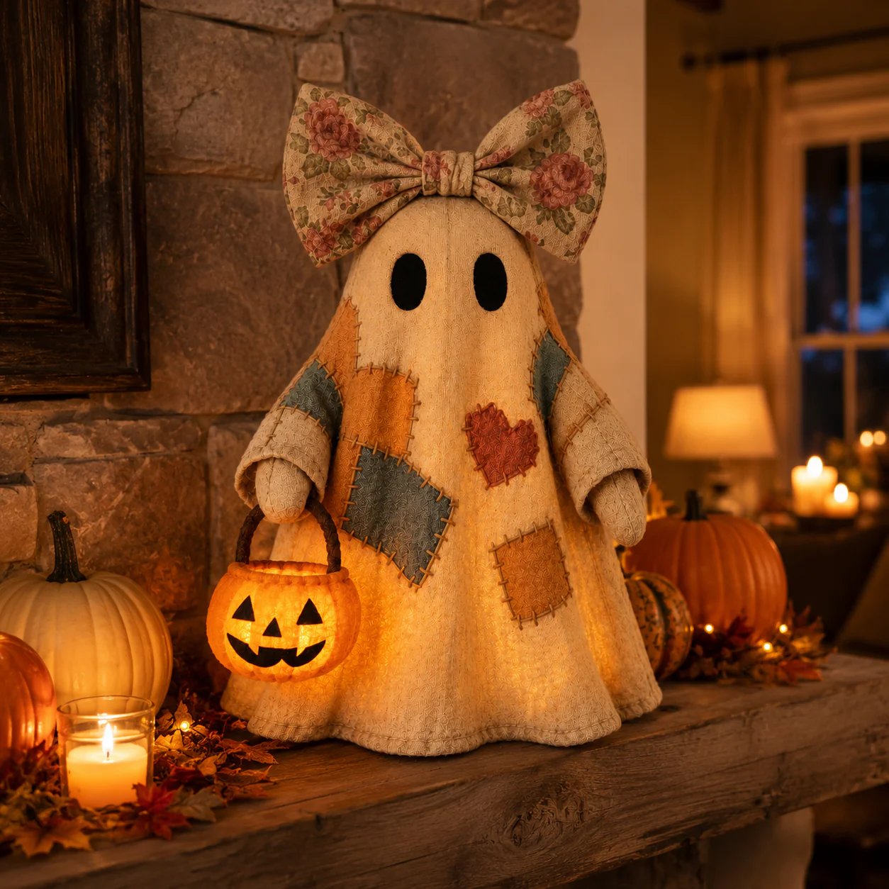 👻 Handmade Patchwork Ghost Pumpkin Lantern🎃