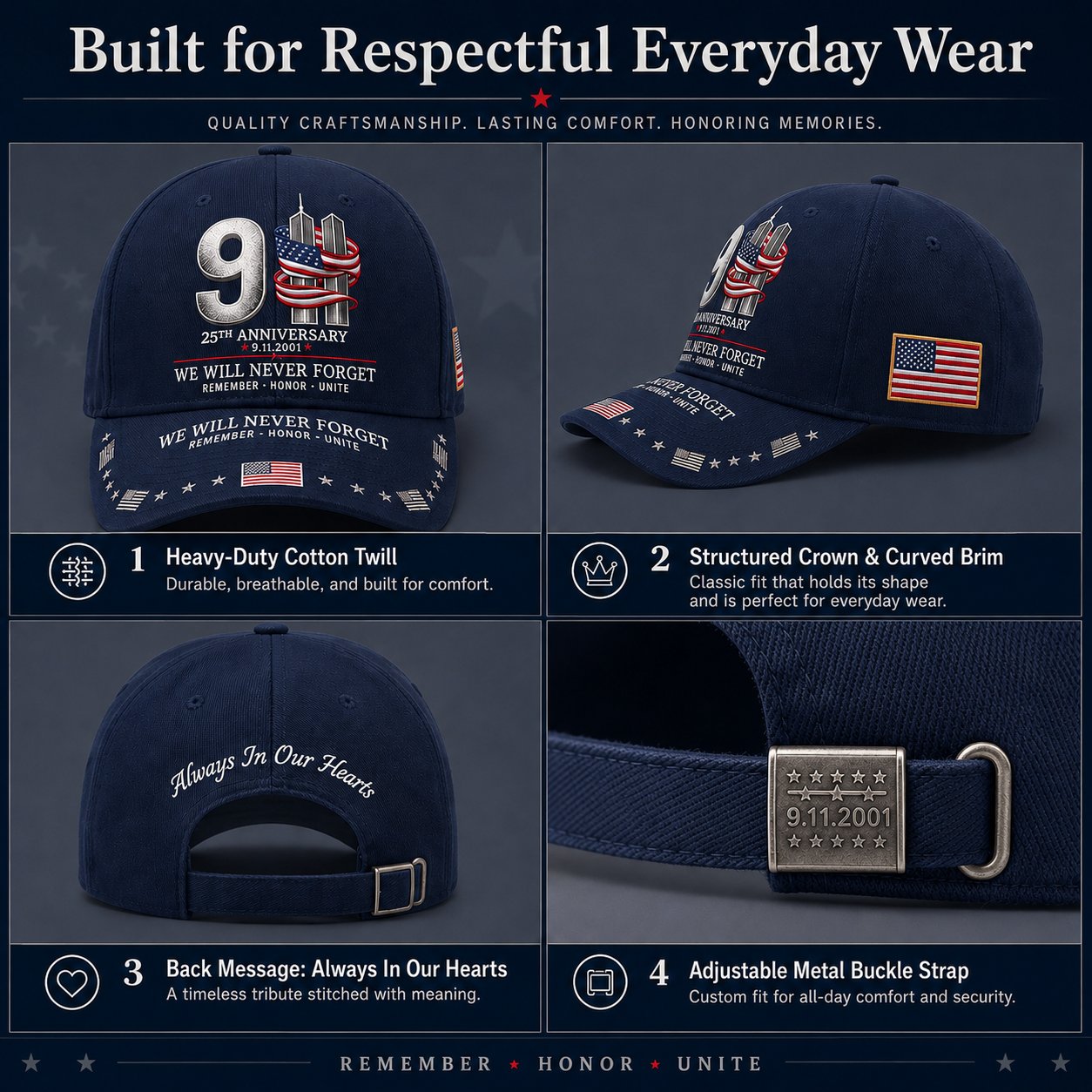 🔥9/11 25th Anniversary We Will Never Forget Printed Memorial Baseball Cap – Unisex Patriotic Memorial Hat🧢