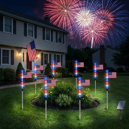 🎆8 Solar American Flag Pathway Lights – Red, White & Blue Yard Glow for 250th Independence Celebration ✨