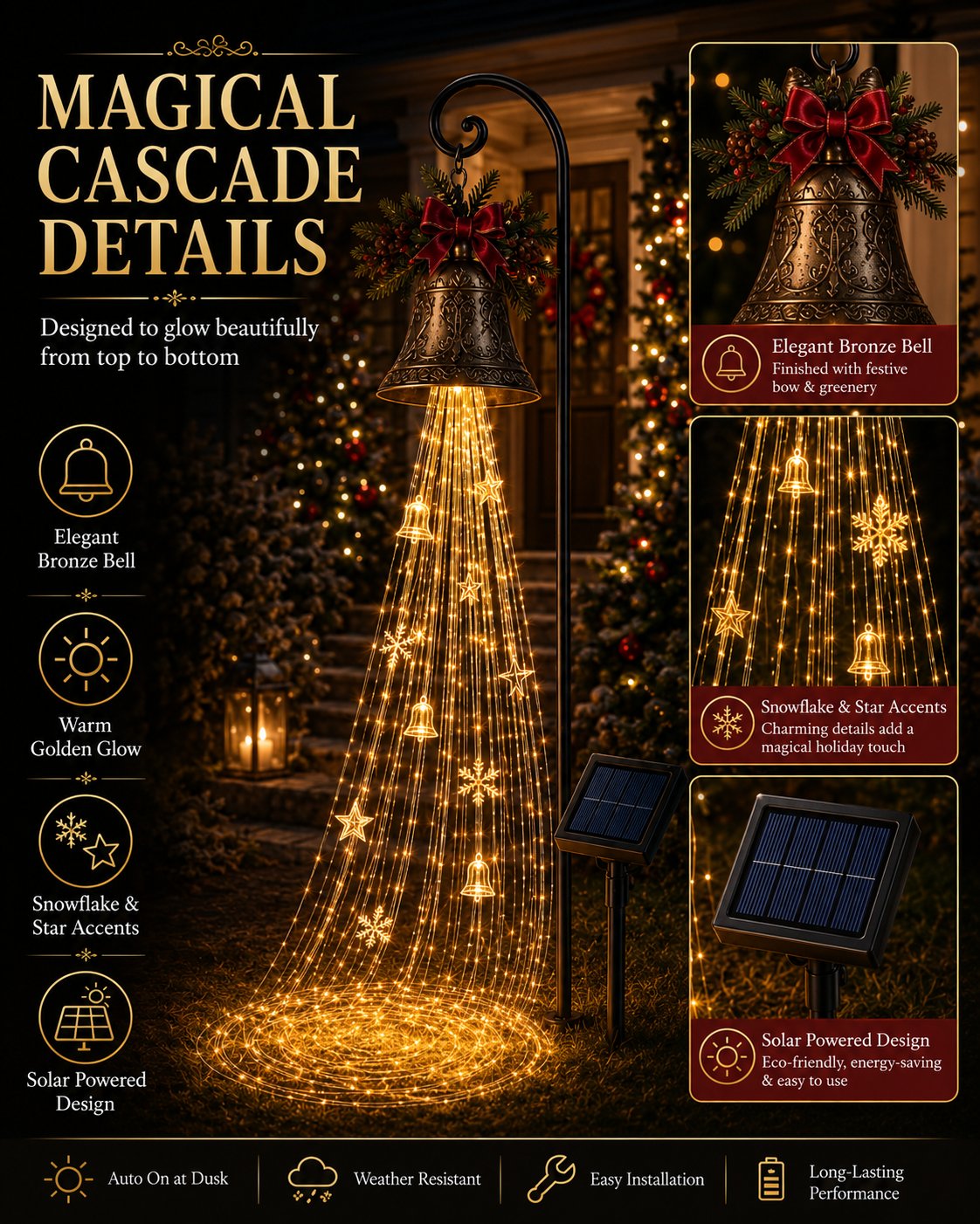 🔔 Christmas Bell Cascade Solar Yard Light — A Golden Waterfall of Light Pouring from a Vintage Bell | Solar-Powered, Zero Wiring, Auto Dusk-to-Dawn Glow | Star & Snowflake Cascade for Walkway, Porch & Garden