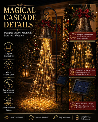 🔔 Christmas Bell Cascade Solar Yard Light — A Golden Waterfall of Light Pouring from a Vintage Bell | Solar-Powered, Zero Wiring, Auto Dusk-to-Dawn Glow | Star & Snowflake Cascade for Walkway, Porch & Garden