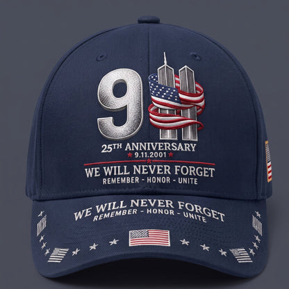 🔥9/11 25th Anniversary We Will Never Forget Printed Memorial Baseball Cap – Unisex Patriotic Memorial Hat🧢