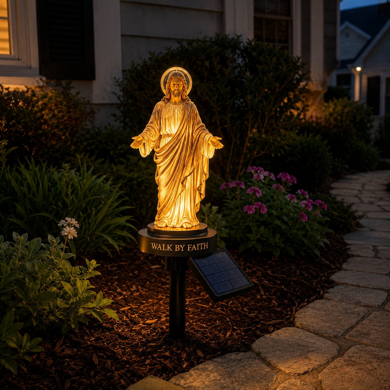 ✝️ Walk by Faith Solar Jesus Garden Light | Automatic Warm Halo Glow, Weather-Resistant Ground Stake & No-Wiring Outdoor Faith Decor ✨