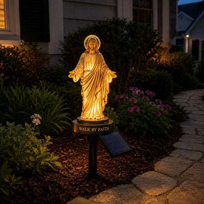 ✝️ Walk by Faith Solar Jesus Garden Light | Automatic Warm Halo Glow, Weather-Resistant Ground Stake & No-Wiring Outdoor Faith Decor ✨