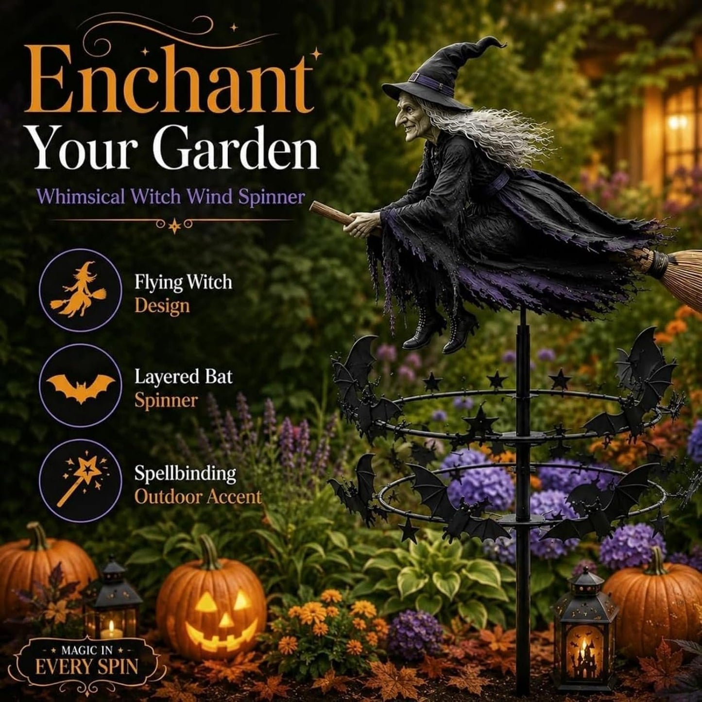 🧙‍♀️ Enchanted Witch Garden Wind Spinner – Where Witches Fly and Bats Dance