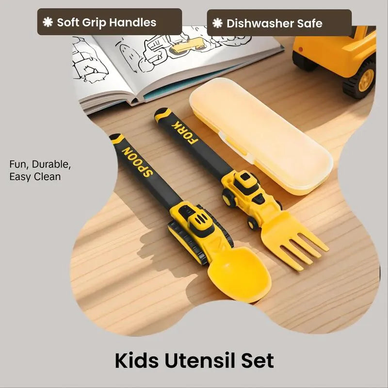 Construction Vehicle Kids Utensil Set 🚜 | 3-Piece Feeding Set with Spoon, Fork & Storage Case | Soft Grip | Dishwasher Safe | Perfect for Travel & Home | Gift Set Utensils