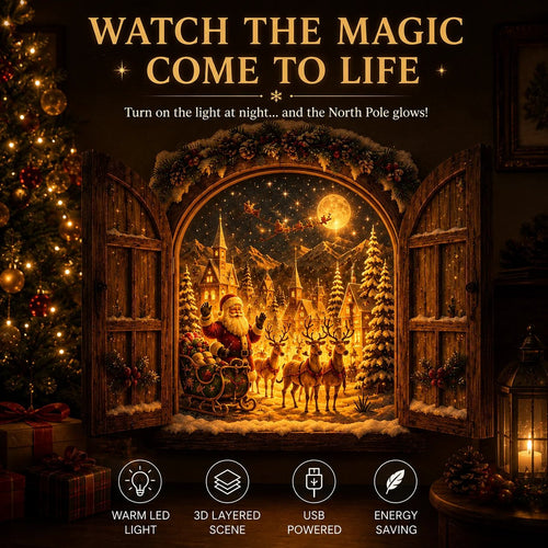🎅 Santa’s Secret Window Light 🎅– 3D Lighted North Pole Christmas Wall Decor