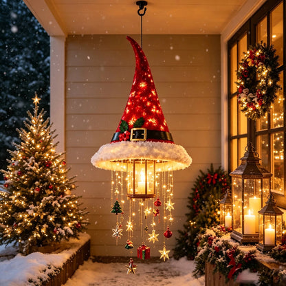 🎅✨Light‐Up Santa Hat Hanging Chandelier, Plush Christmas Pendant Light with Hanging Ornaments, Indoor & Covered Porch Holiday Decoration