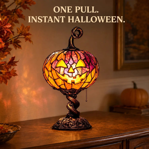 🔥HOT SALE🔥🎃 Halloween Pumpkin Glow Lamp – Vintage Stained-Glass-Style Table Light