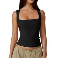 💥Women's Square Neck Sleeveless Double-Layer Tank Tops Basic Tight T Shirts short