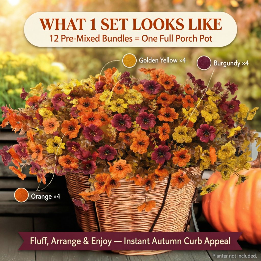 🍂 Instant Autumn Curb Appeal: 2-Pack Artificial Fall Flowers (24 Stems) | Two Pre-Mixed Harvest Bouquets — One Full Porch Pot Each | UV-Resistant, Fade-Proof Halloween Decor
