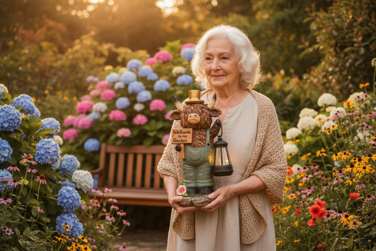 Grandmother holding Highland Cow statue