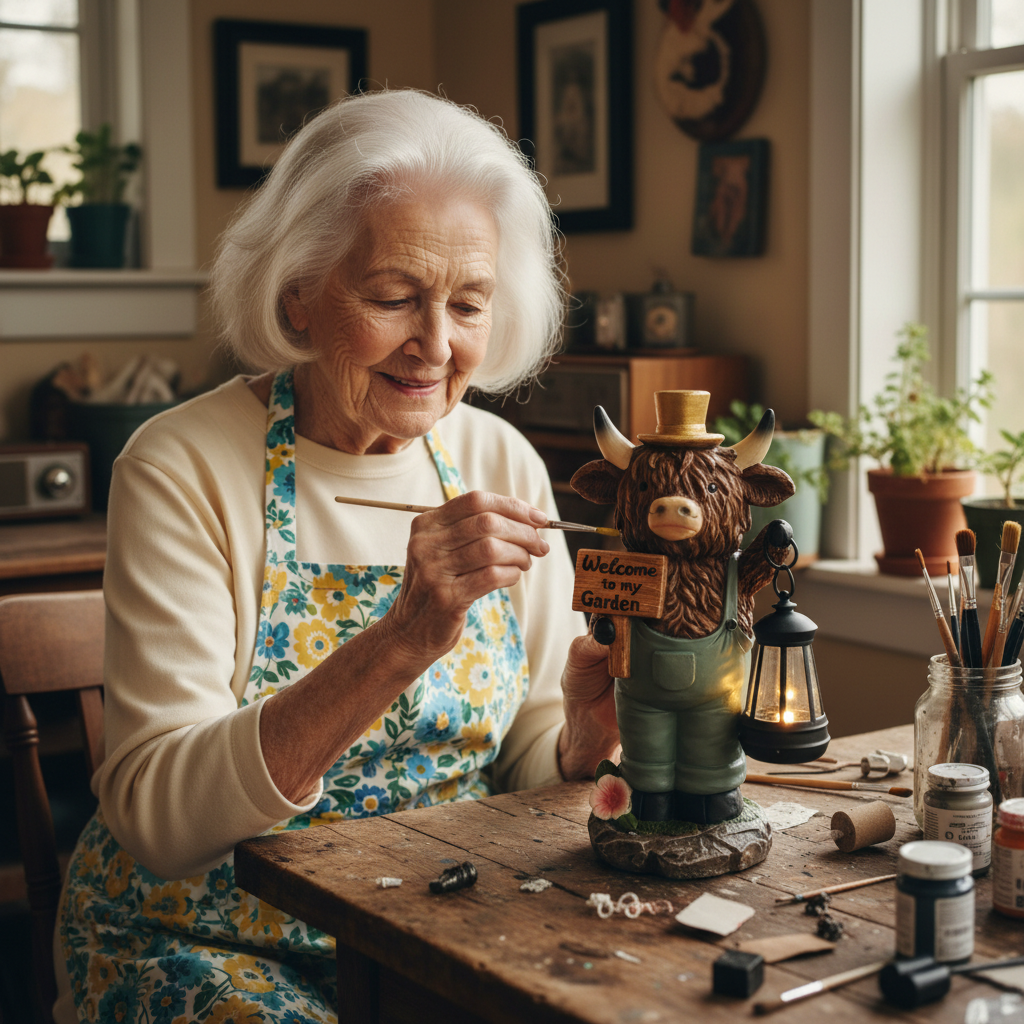 Realistic grandmother crafting Highland Cow